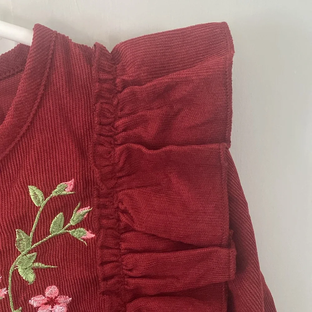 Burgundy Toddler corduroy embroidered floral Dress